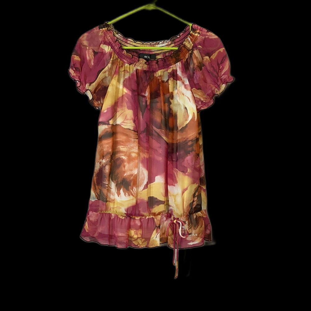 CX Women's Large Floral Chiffon Blouse Lined Boho Peasant Top Pink Orange L